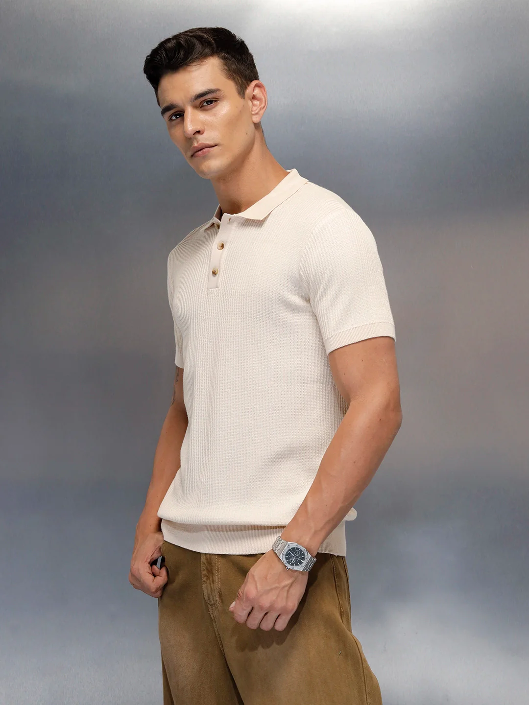 Textured Knit slim fit Polo T-shirt | Beige - Image 4