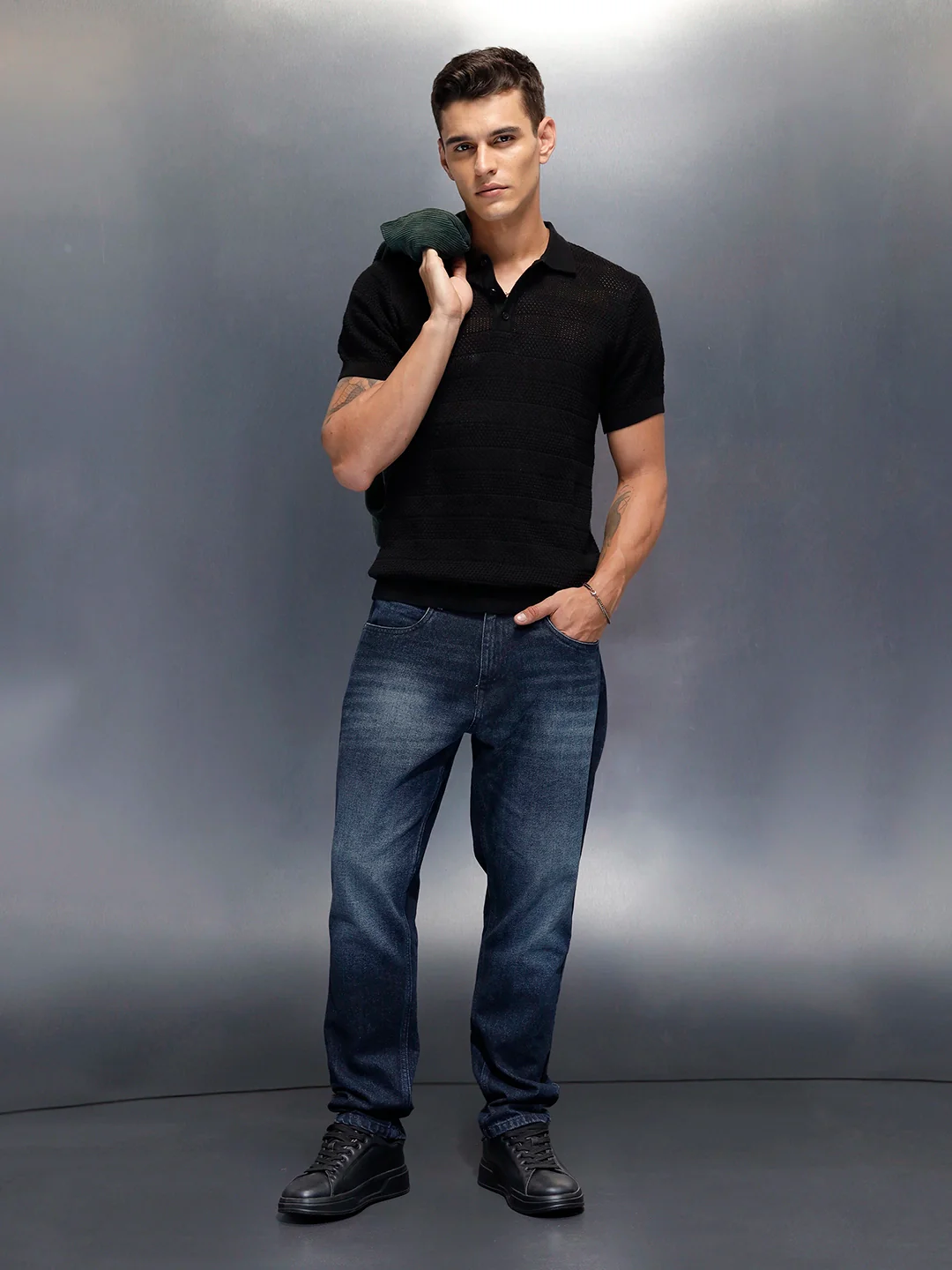 Textured Knit slim fit Polo T-shirt | Black - Image 2