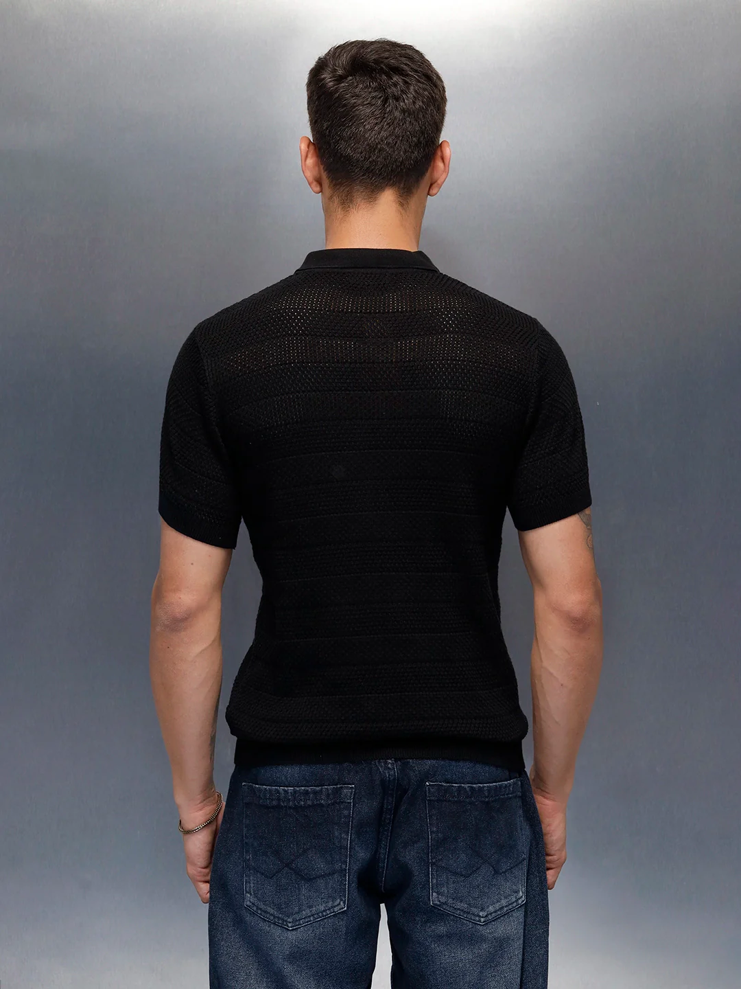 Textured Knit slim fit Polo T-shirt | Black - Image 3