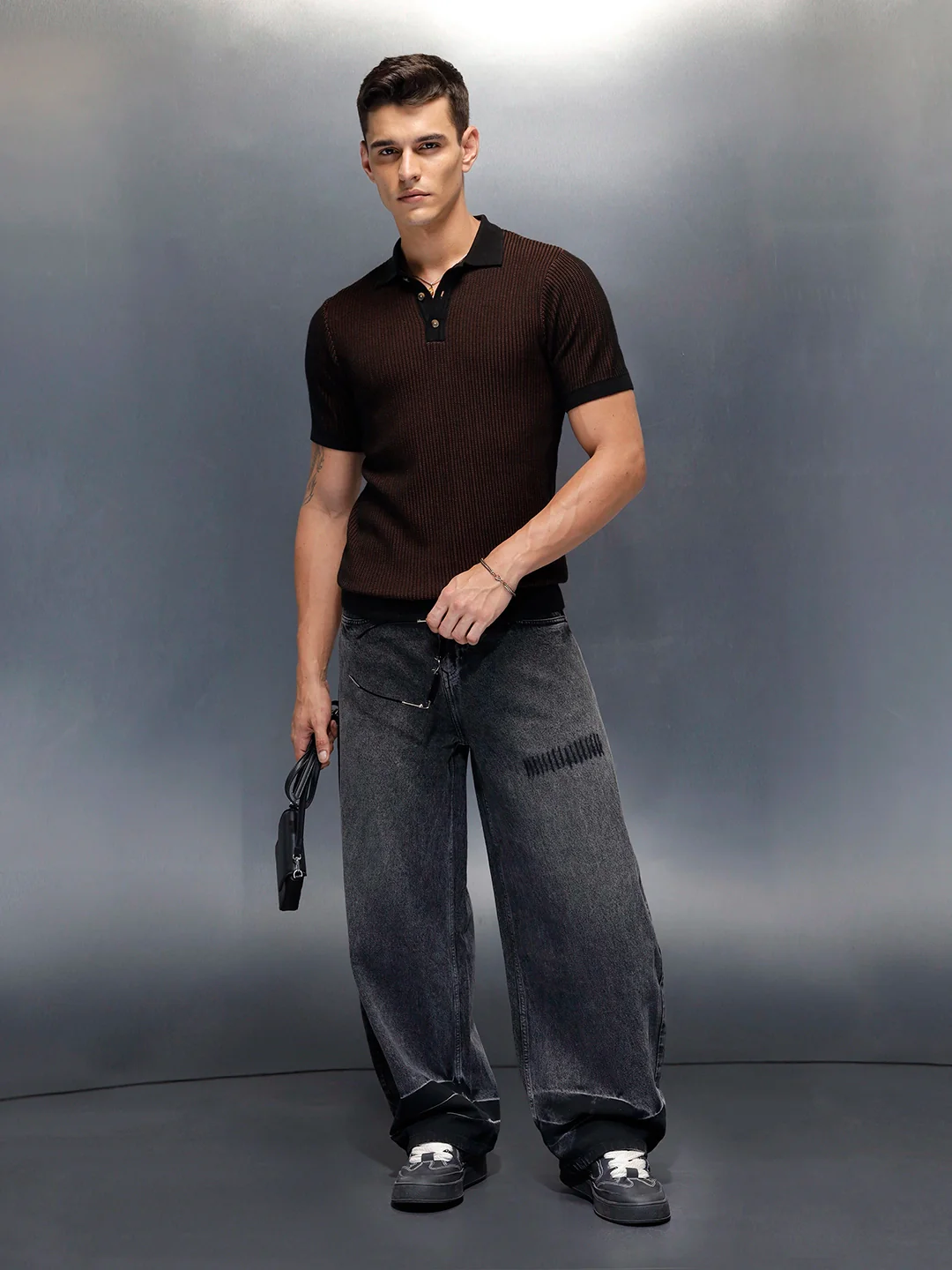 Textured Knit slim fit Polo T-shirt | Brown - Image 2