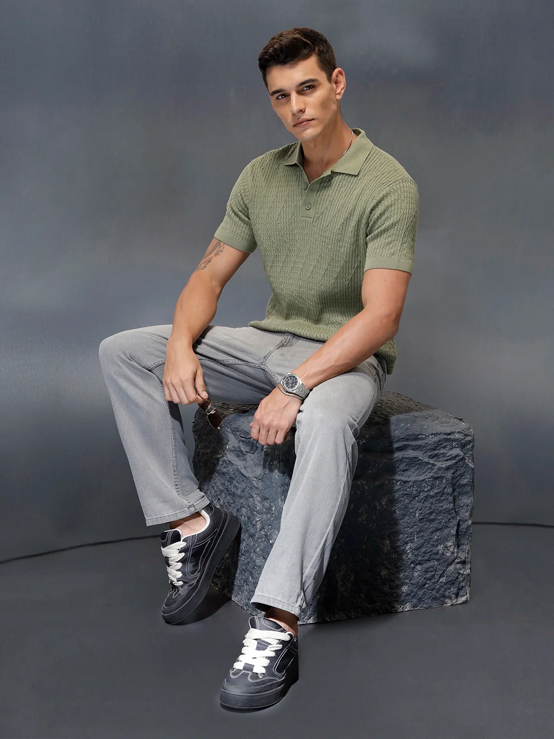 Textured Knit slim fit Polo T-shirt | Olive - Image 2