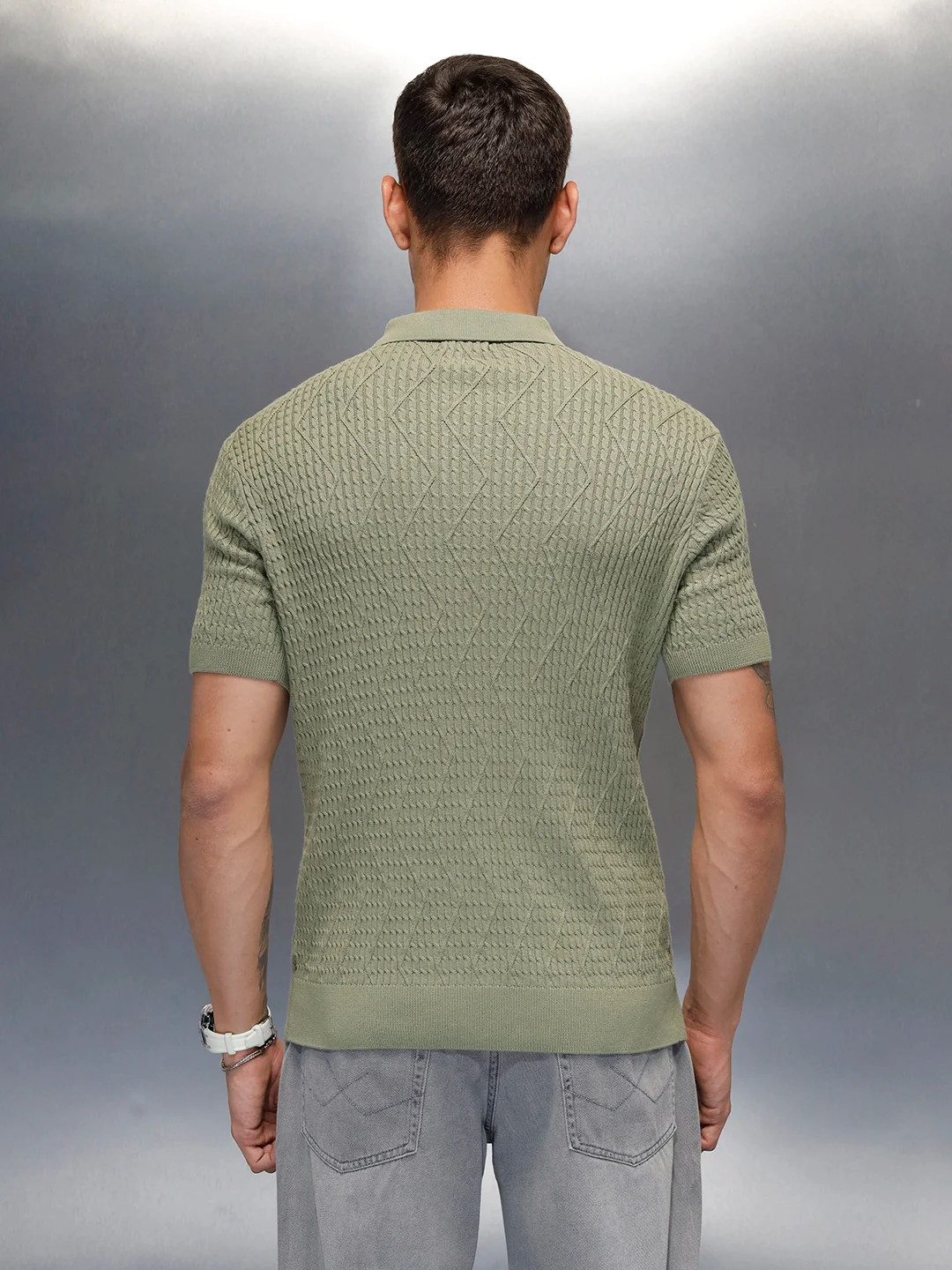 Textured Knit slim fit Polo T-shirt | Olive - Image 3