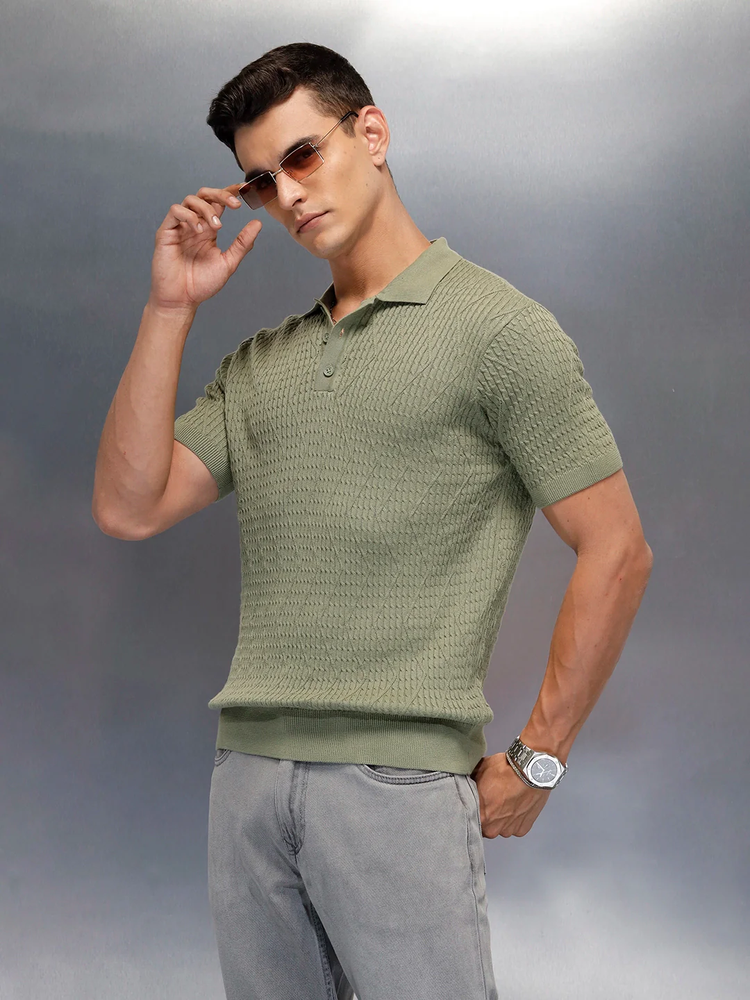 Textured Knit slim fit Polo T-shirt | Olive - Image 4