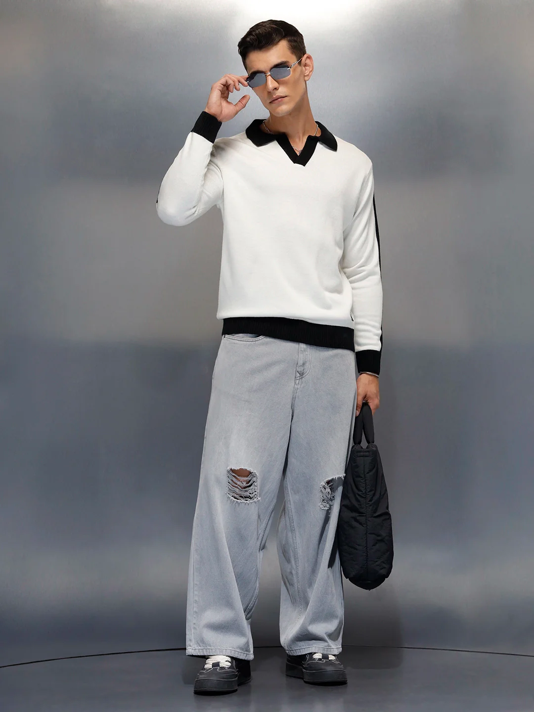 Textured Knit Sweater with Contrast Trim | White - Image 2