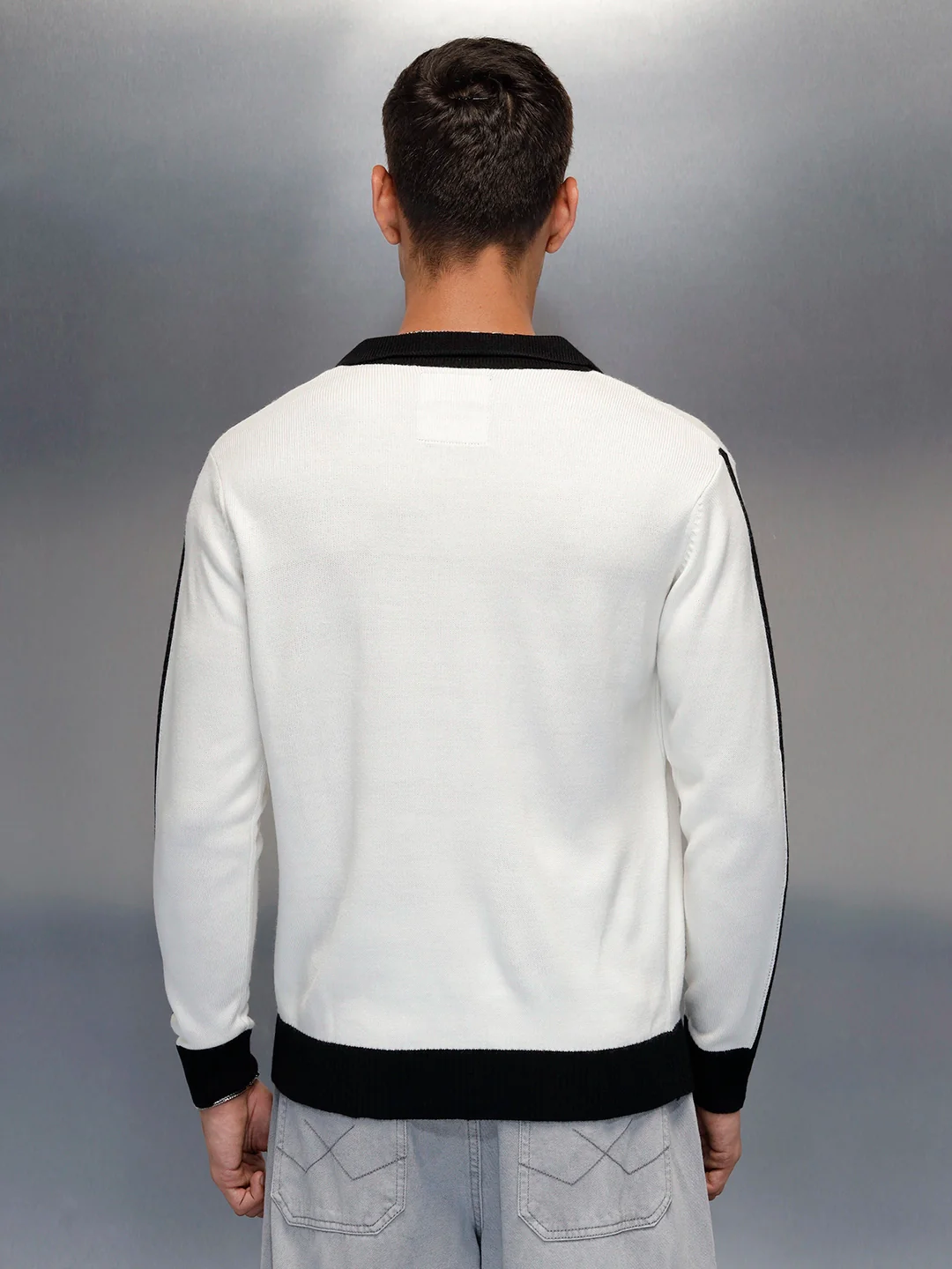 Textured Knit Sweater with Contrast Trim | White - Image 3