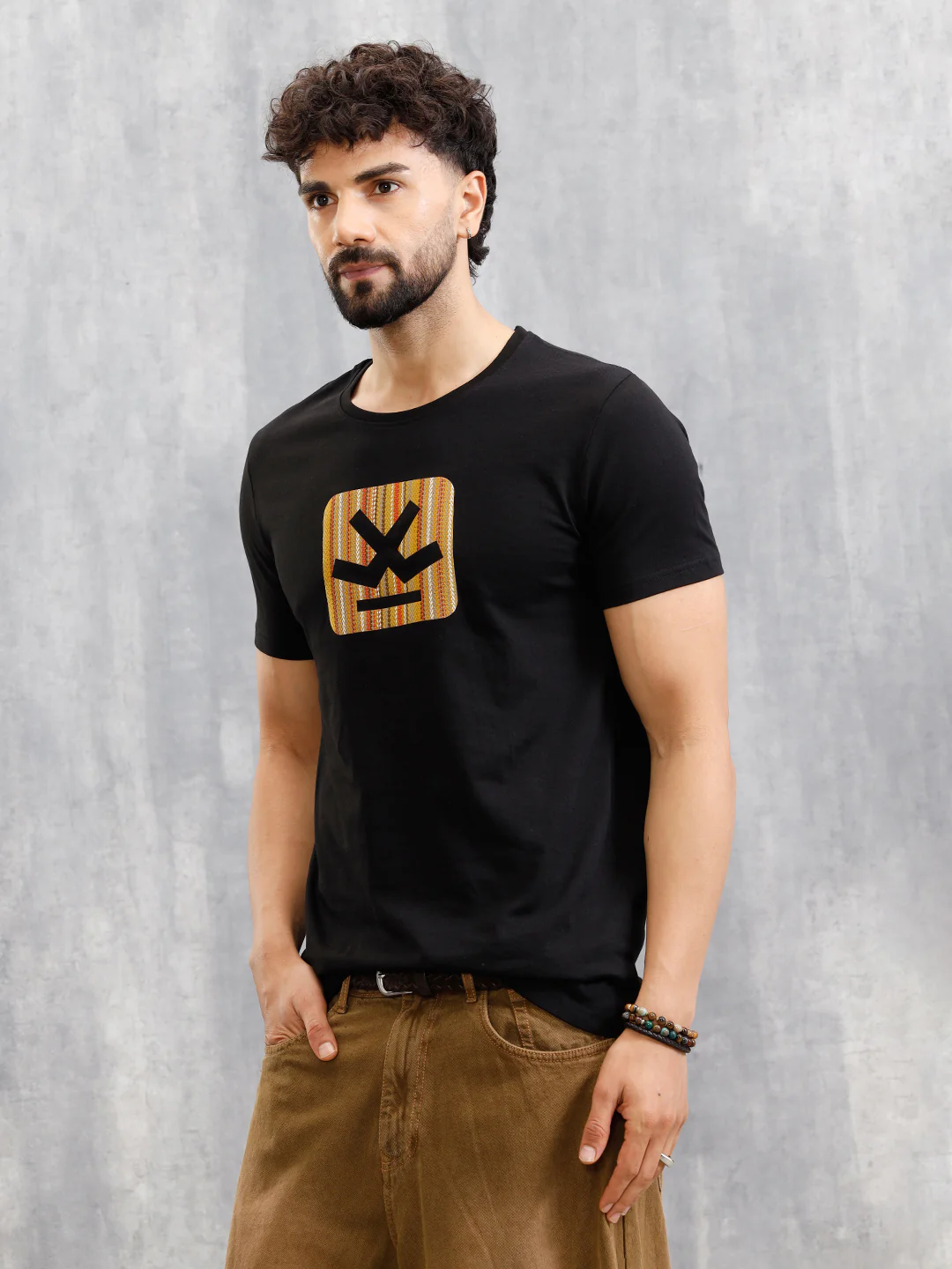 Textured Laser Cut Transfer Print Brand Carrier Crew Neck T-Shirt | Black - Image 5