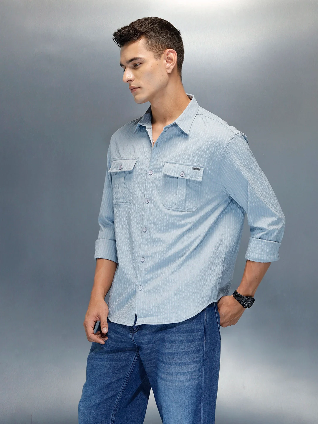 Textured Men's Casual Comfort Fit Shirt | Blue - Image 4