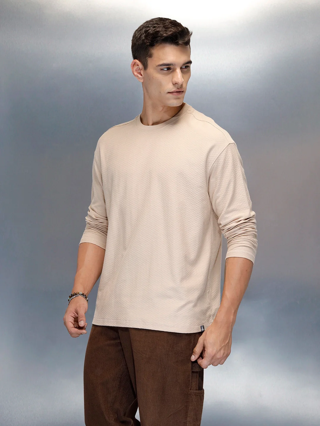 Textured Men's Casual Oversized Fit T-Shirt | Beige - Image 4
