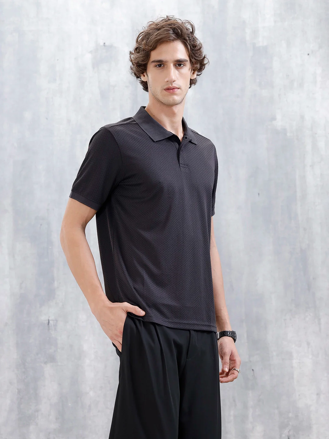 Textured Men's Casual Polo T-Shirt | Black - Image 4