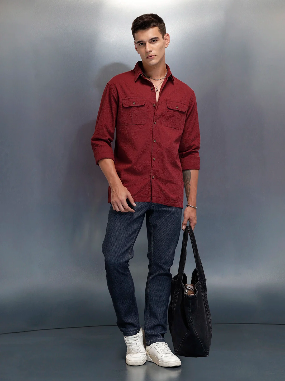 Textured Men's Casual Regualr Fit Shirt | Maroon - Image 2