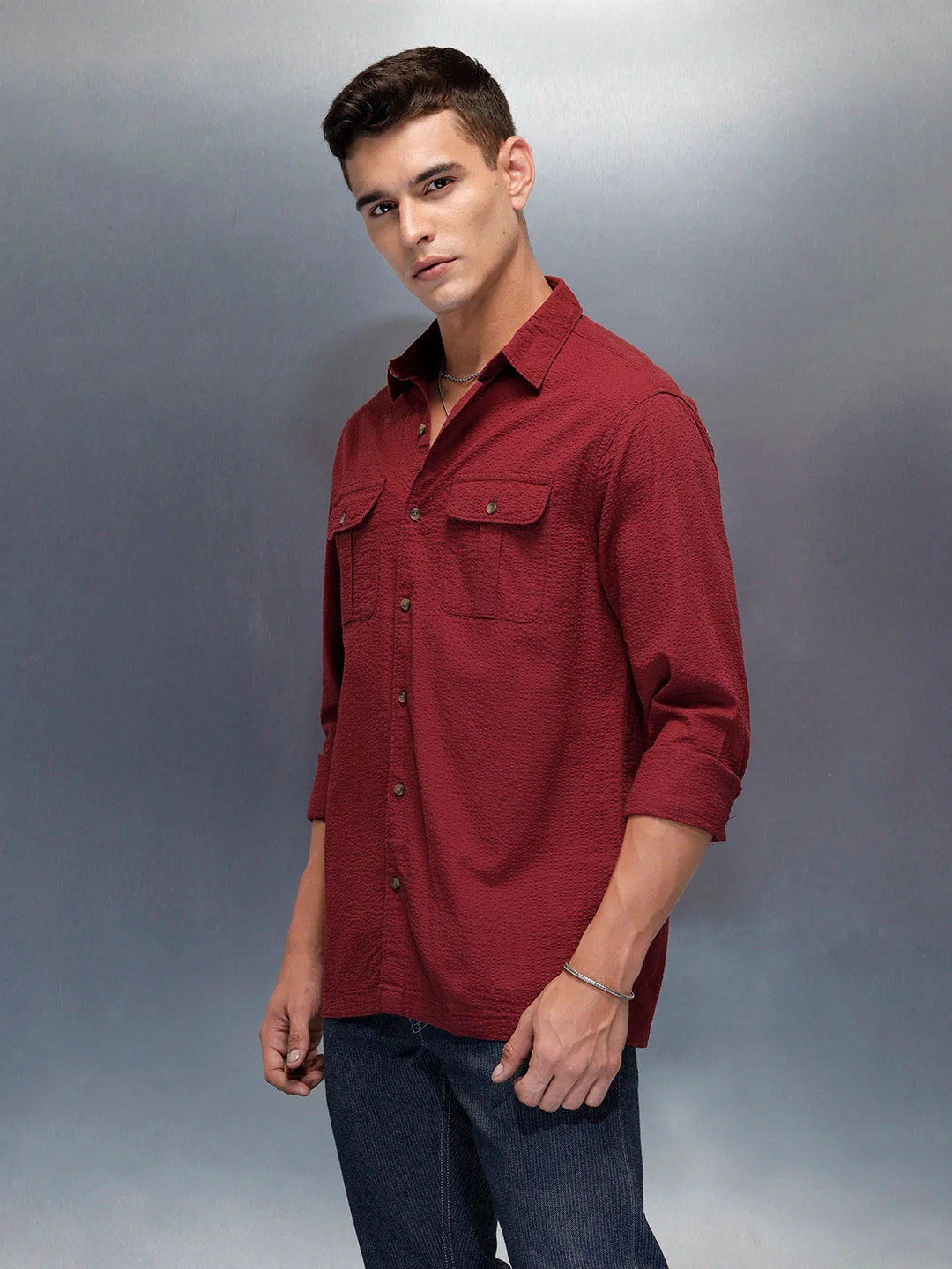 Textured Men's Casual Regualr Fit Shirt | Maroon - Image 4