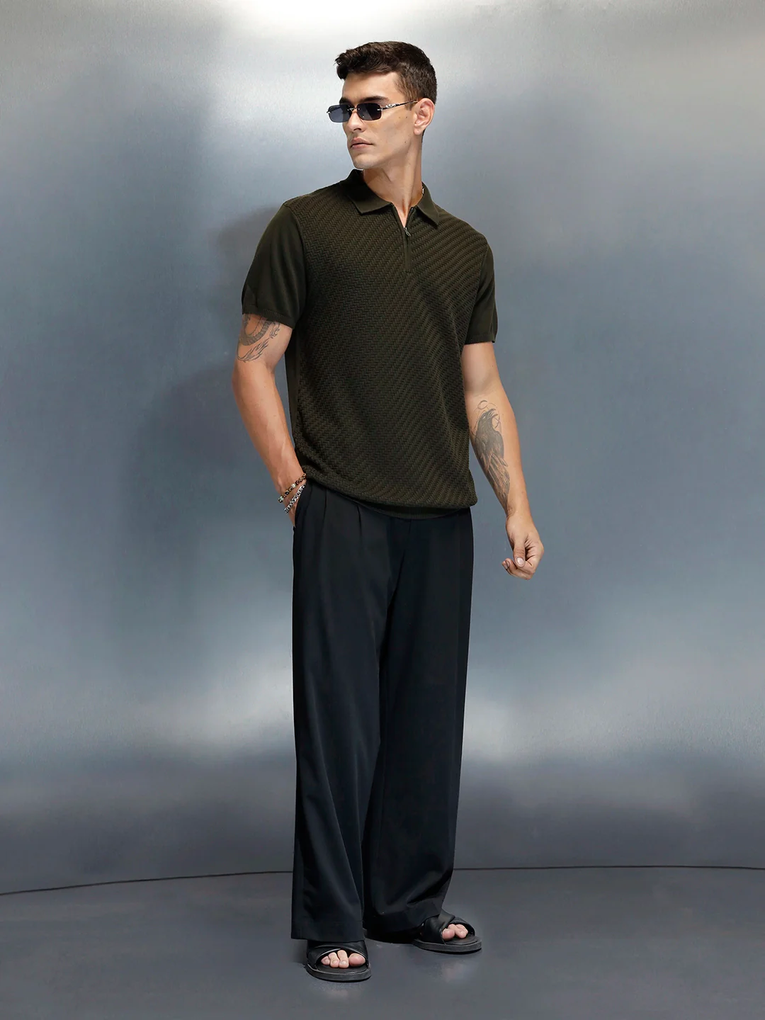 Textured Men's Casual Slim Fit Polo T-Shirt | Olive - Image 3