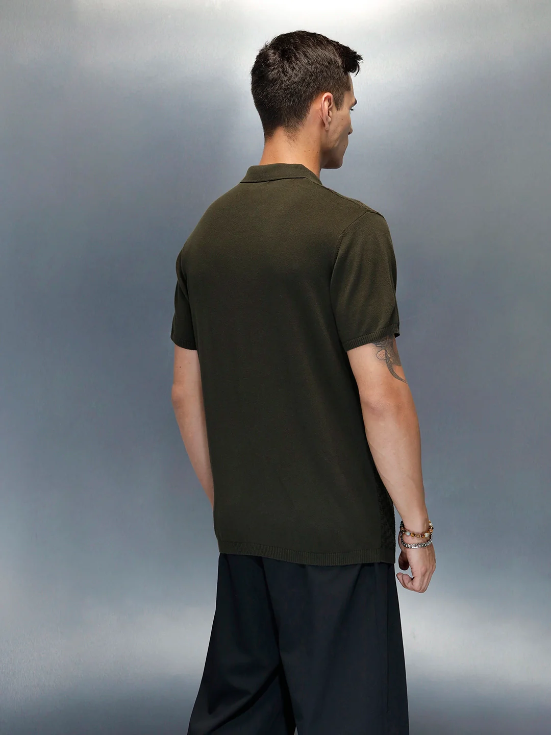 Textured Men's Casual Slim Fit Polo T-Shirt | Olive - Image 4