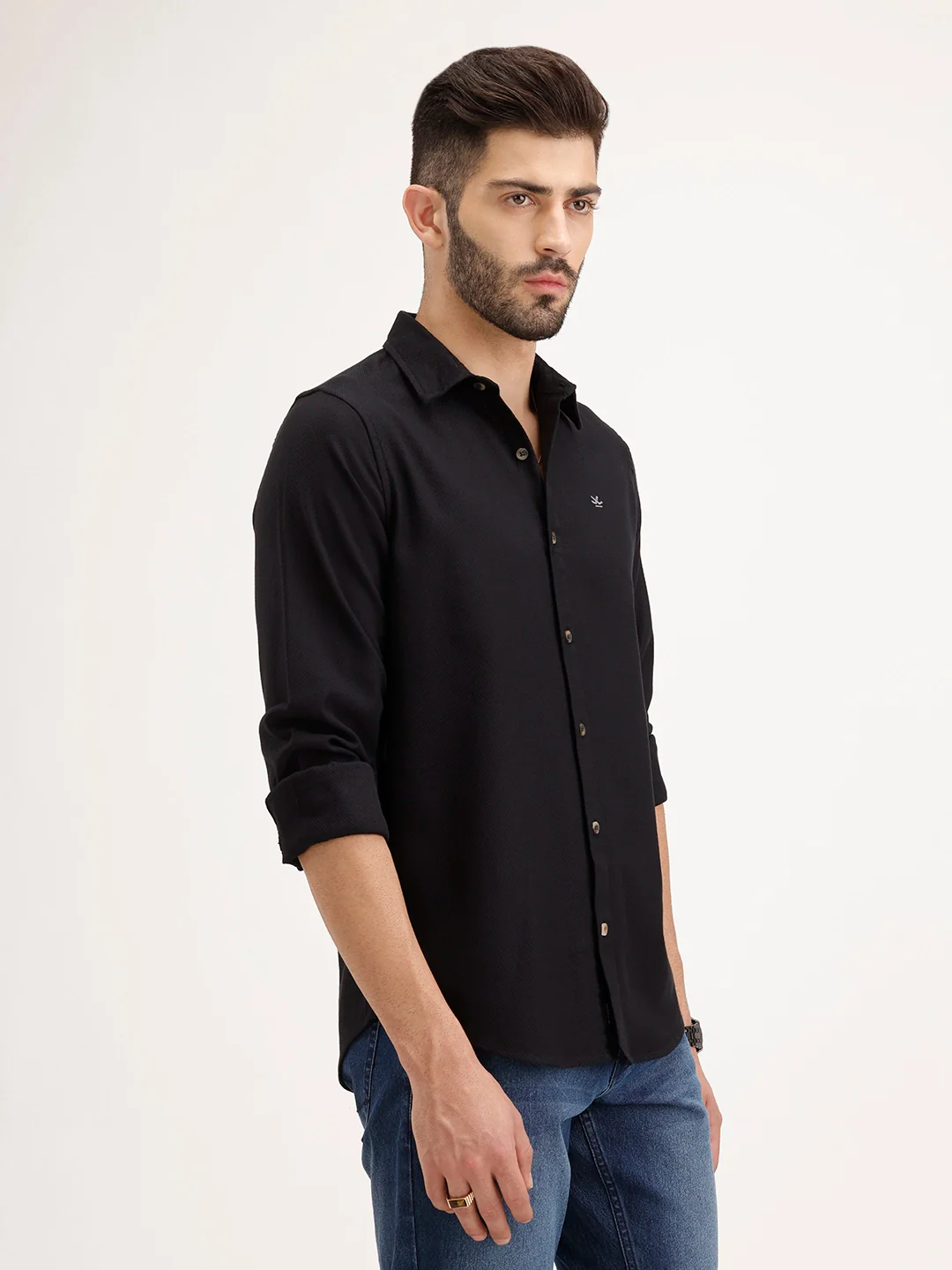 Textured Men's Casual Slim Fit Shirt | Black - Image 4