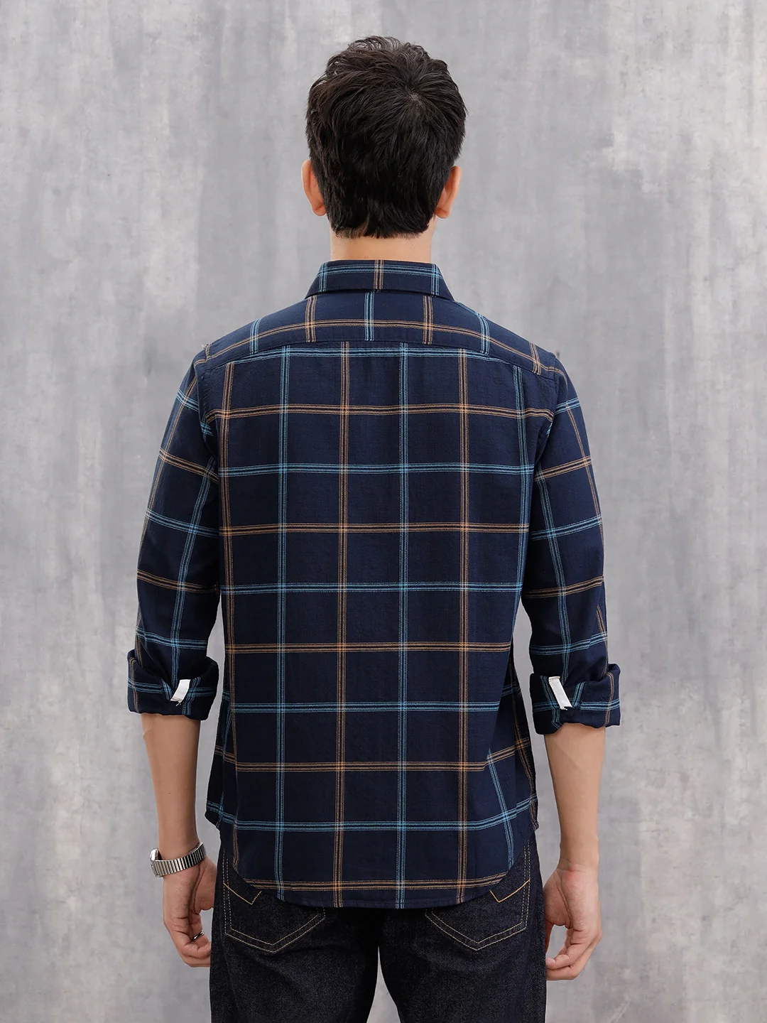 Textured Notebook Check Shirt In Slim Fit | Navy Blue - Image 3