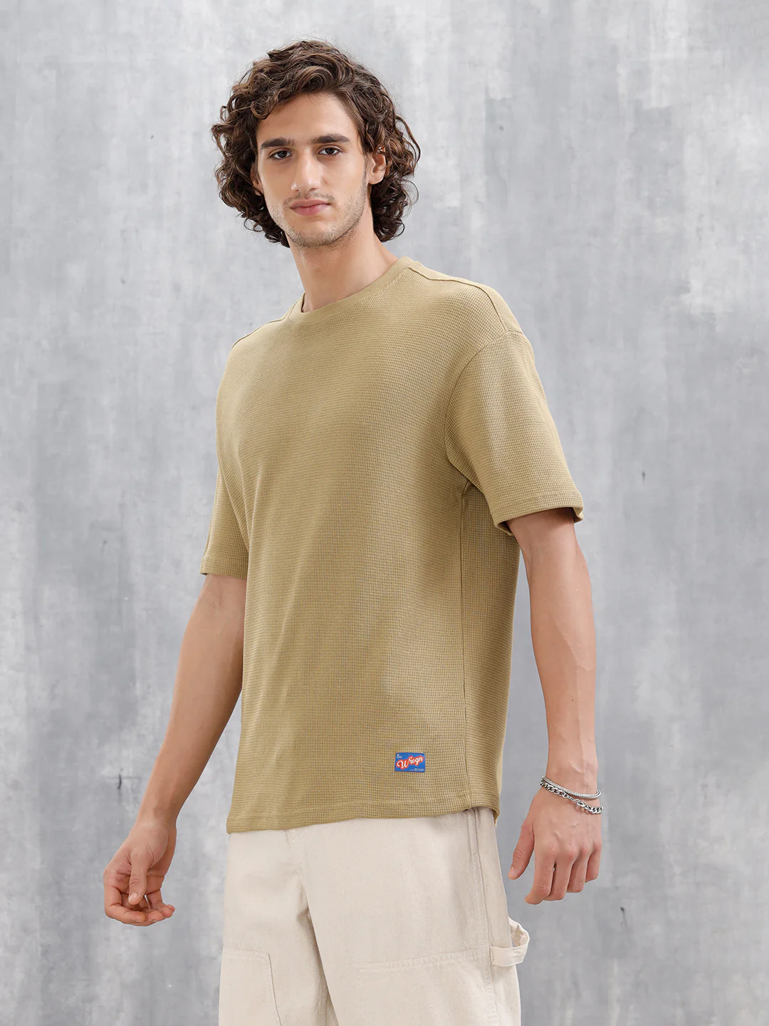 Textured Oversized Crew Neck T-Shirt | Beige - Image 4