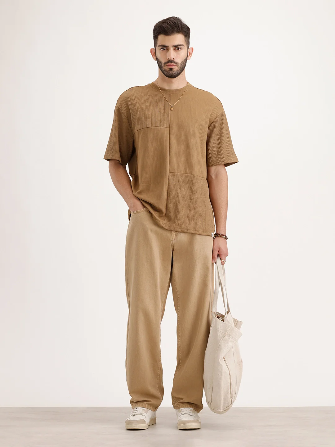 Textured Oversized Cut & Sew T-Shirt | Khaki - Image 2