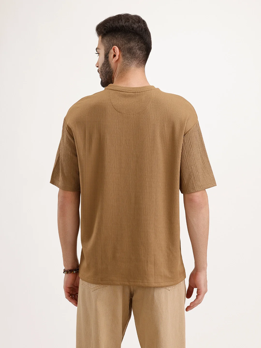 Textured Oversized Cut & Sew T-Shirt | Khaki - Image 3