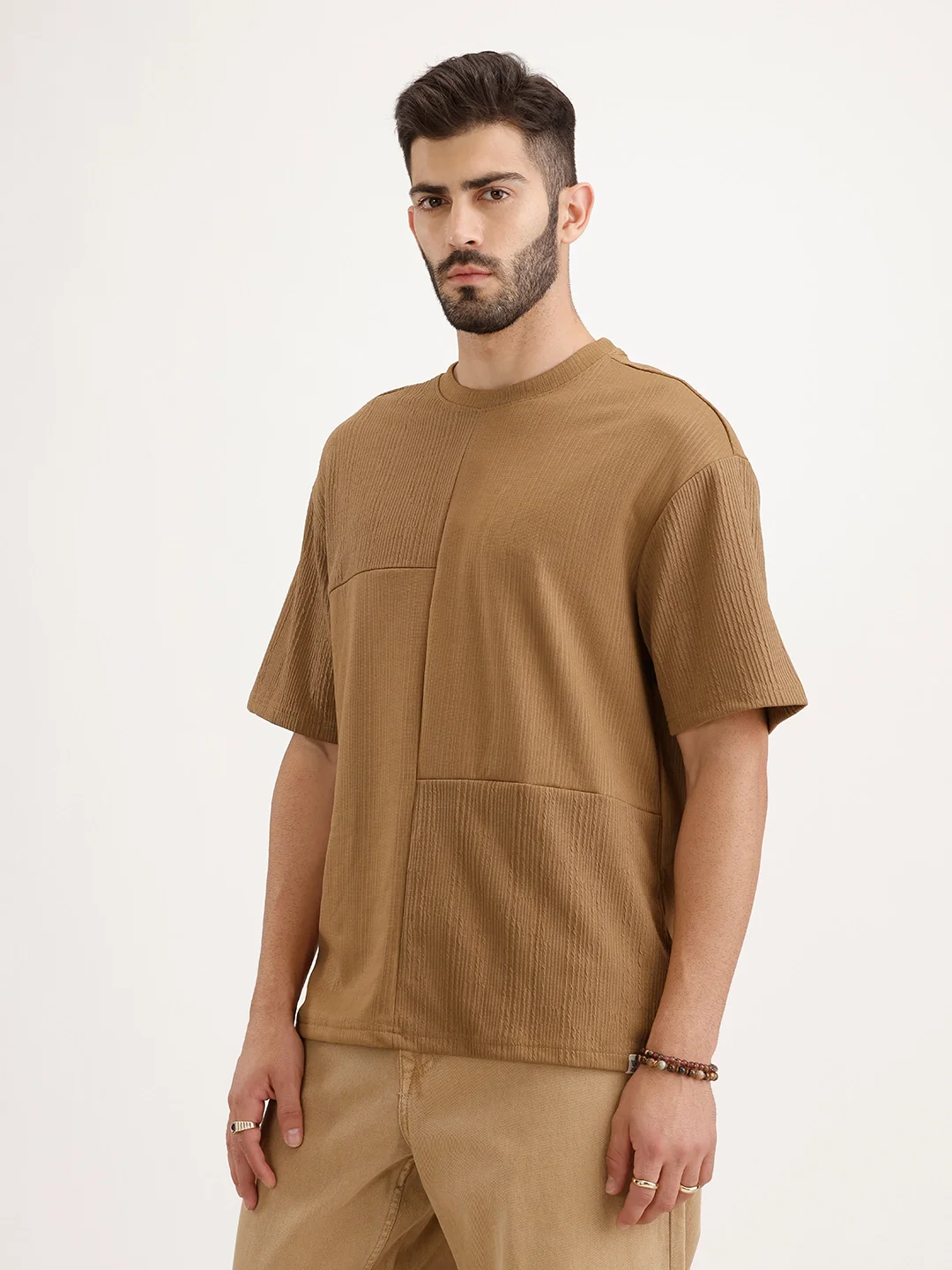 Textured Oversized Cut & Sew T-Shirt | Khaki - Image 4