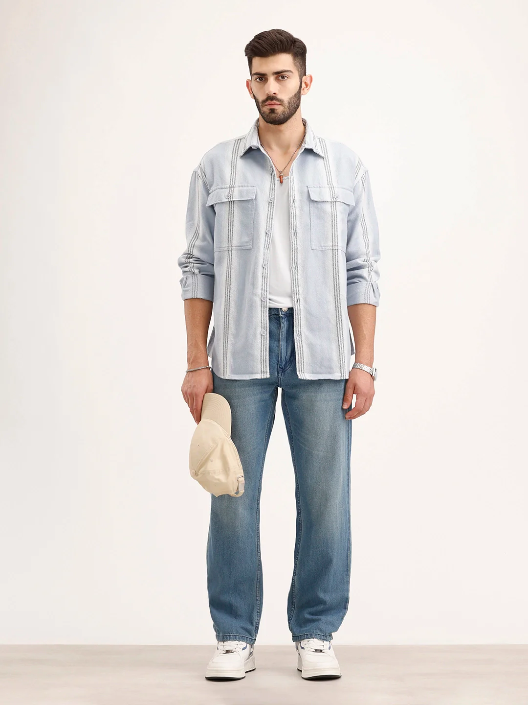 Textured Oversized Double Pocket Shirt | Blue - Image 2