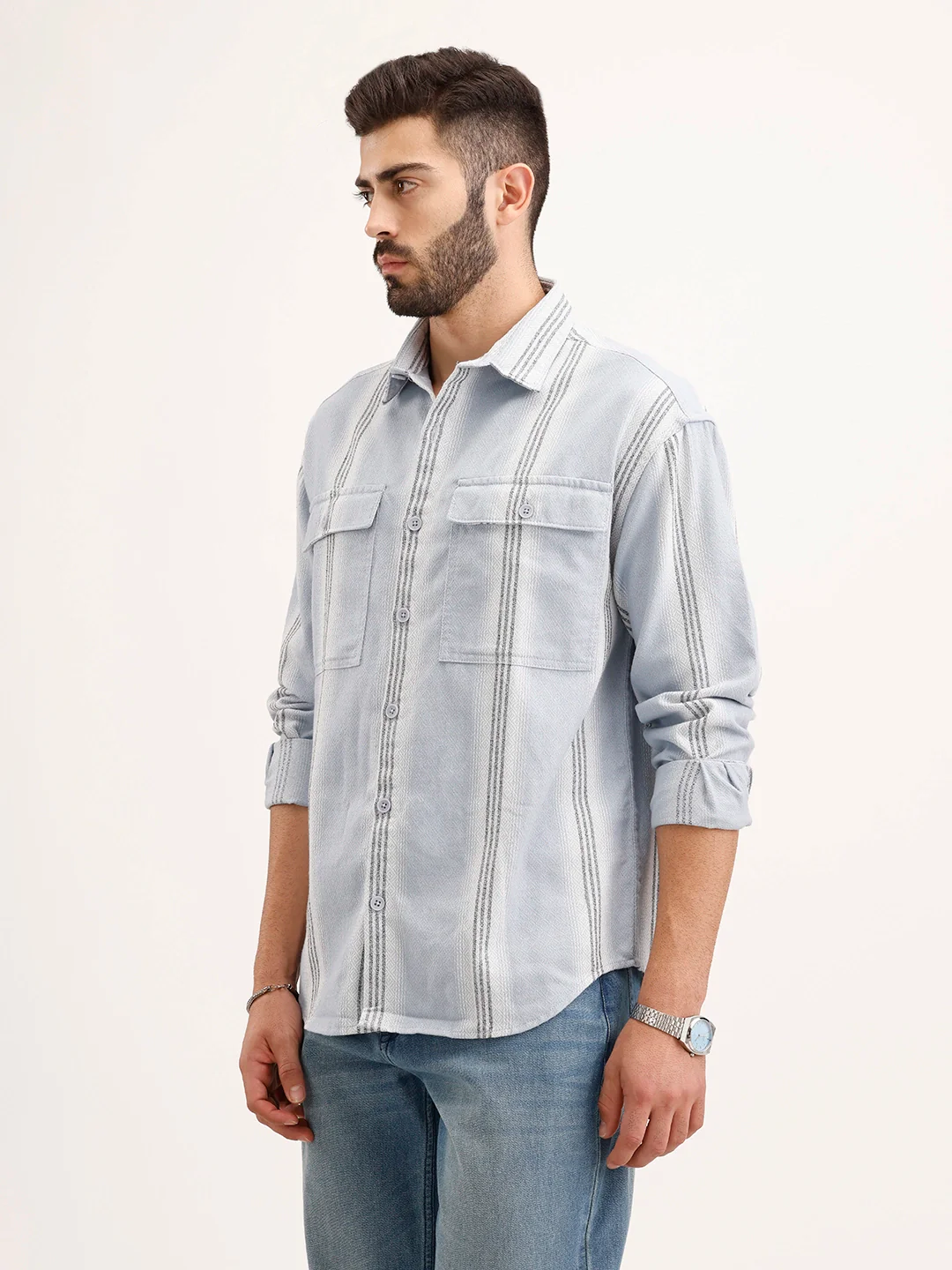 Textured Oversized Double Pocket Shirt | Blue - Image 4