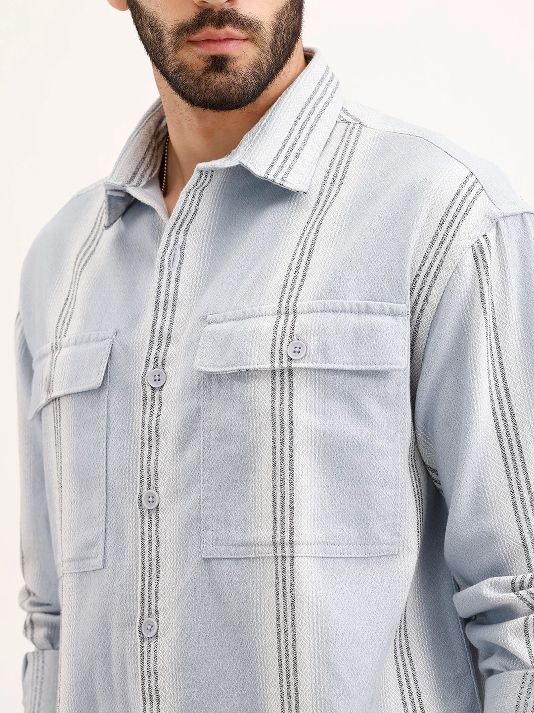 Textured Oversized Double Pocket Shirt | Blue - Image 5