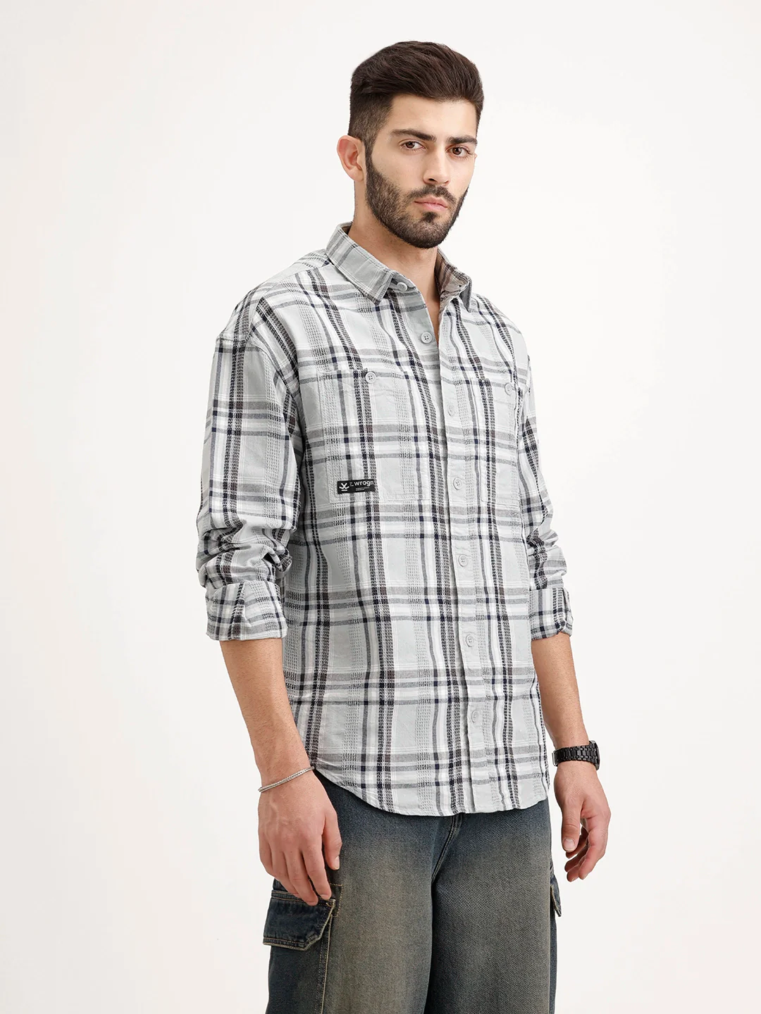 Textured Oversized Fit Double Pocket Shirt | Grey - Image 4