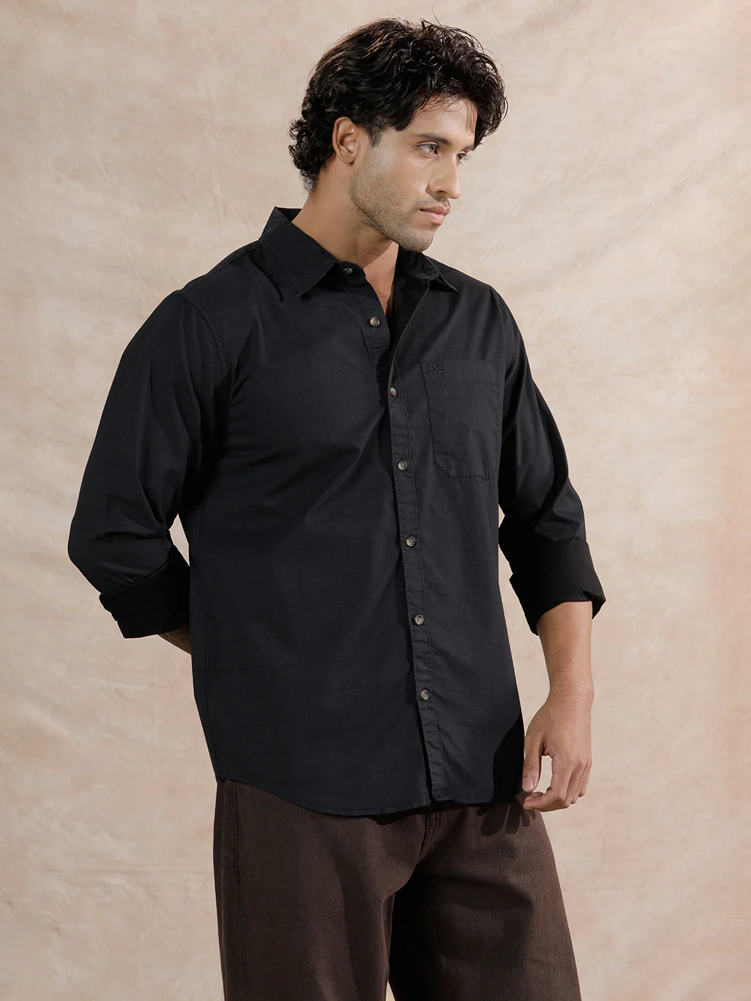 Textured Printed Checks Regular Fit Shirt | Black - Image 4