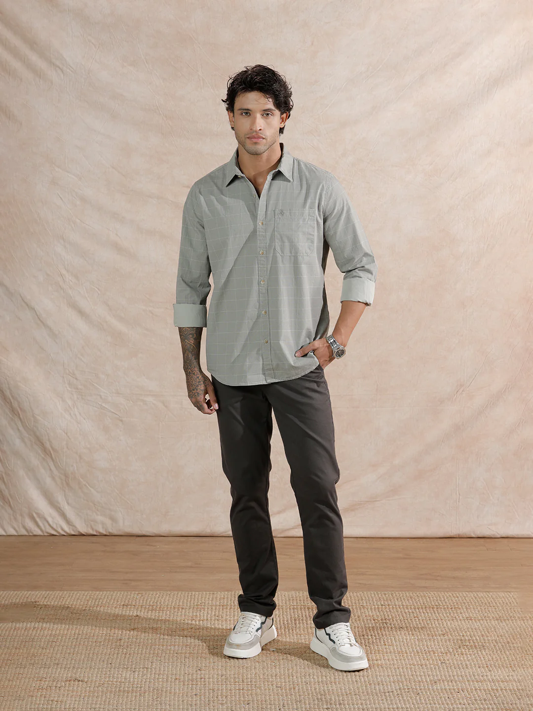 Textured Printed Checks Regular Fit Shirt | Grey - Image 2