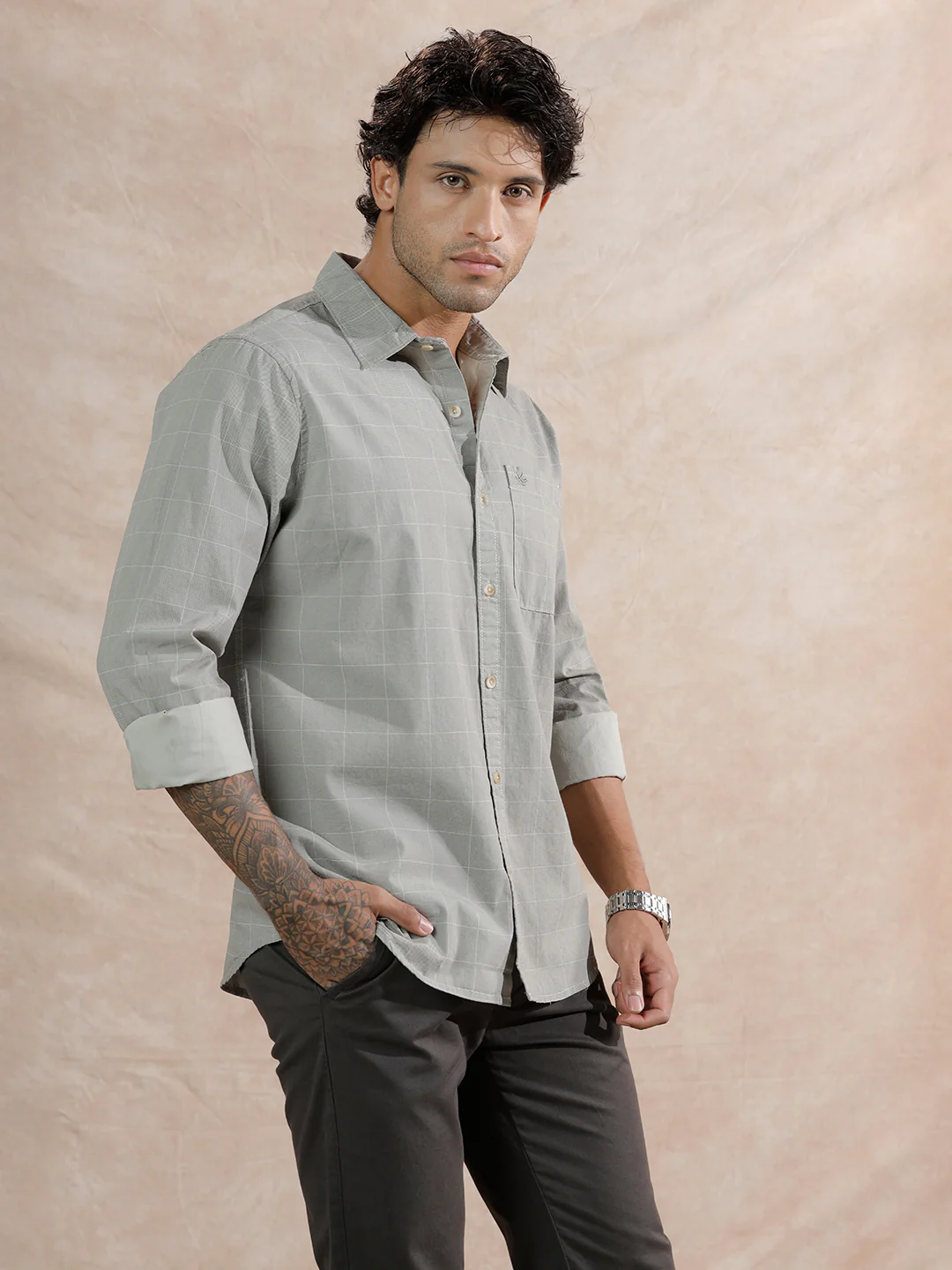Textured Printed Checks Regular Fit Shirt | Grey - Image 4