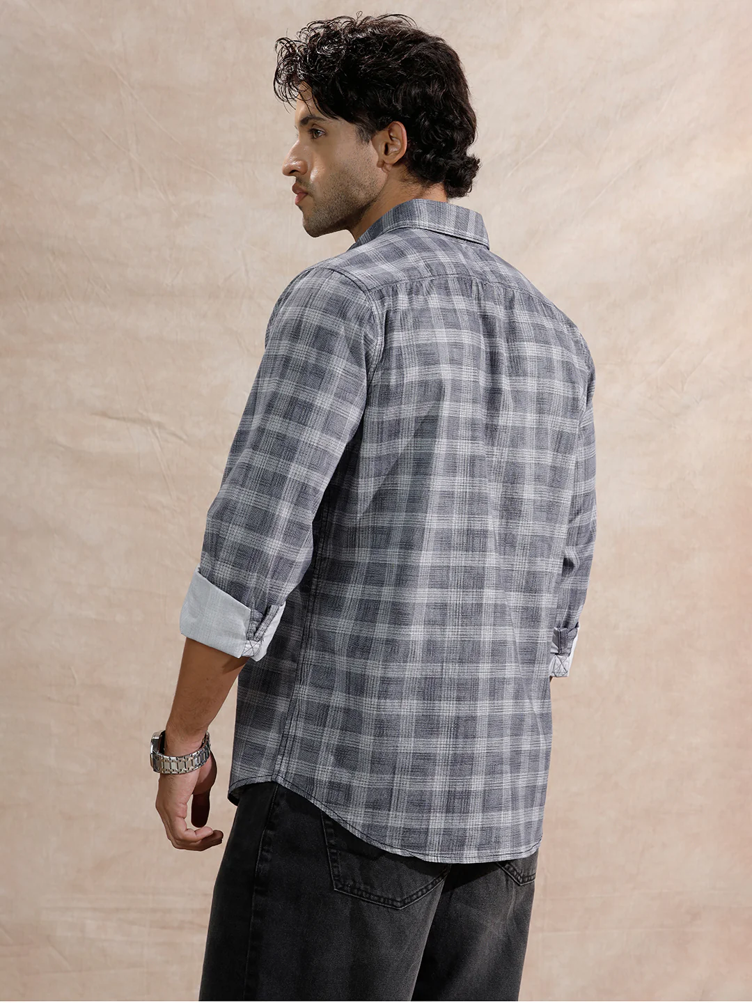 Textured Printed Checks Regular Fit Shirt  | Navy Blue - Image 3