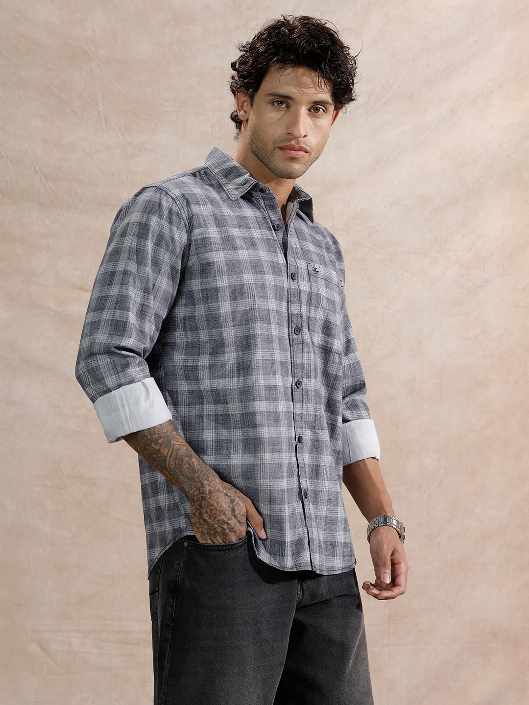 Textured Printed Checks Regular Fit Shirt  | Navy Blue - Image 4