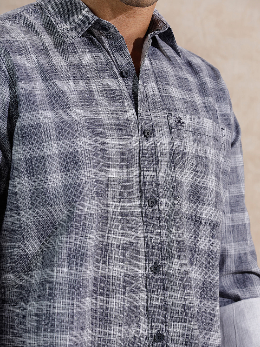 Textured Printed Checks Regular Fit Shirt  | Navy Blue - Image 5