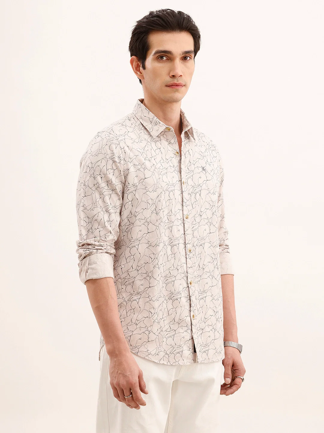 Textured Regular Fit AOP Shirt | Beige - Image 4