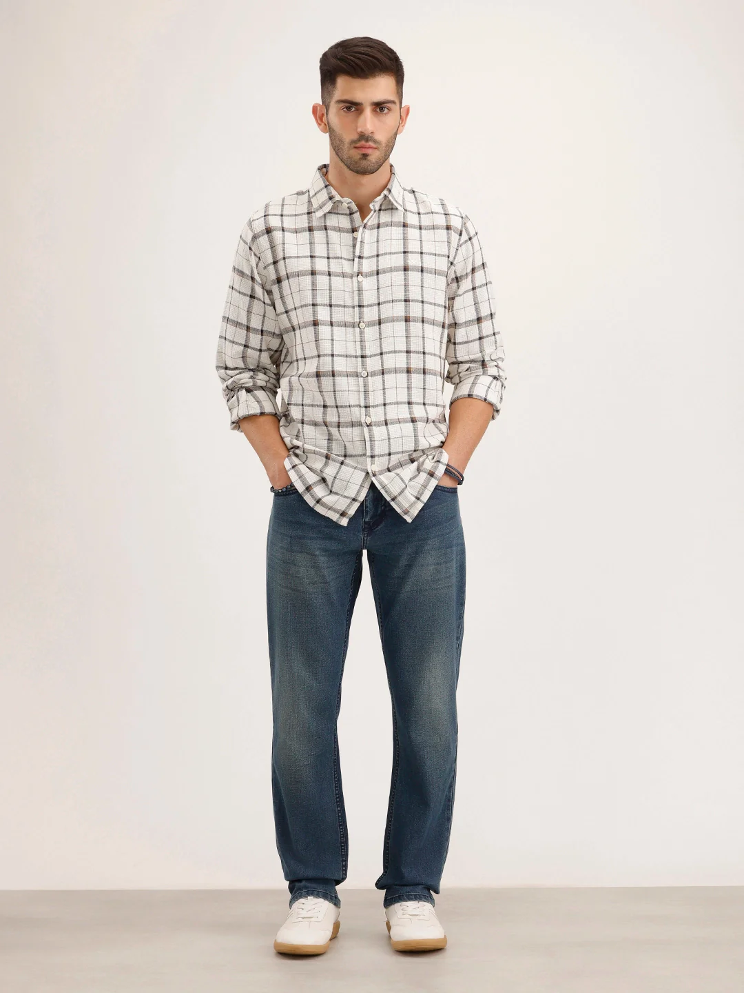 Textured Regular Fit Chackered Shirt | Off White - Image 2