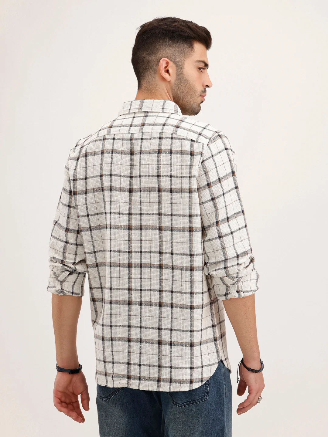 Textured Regular Fit Chackered Shirt | Off White - Image 3