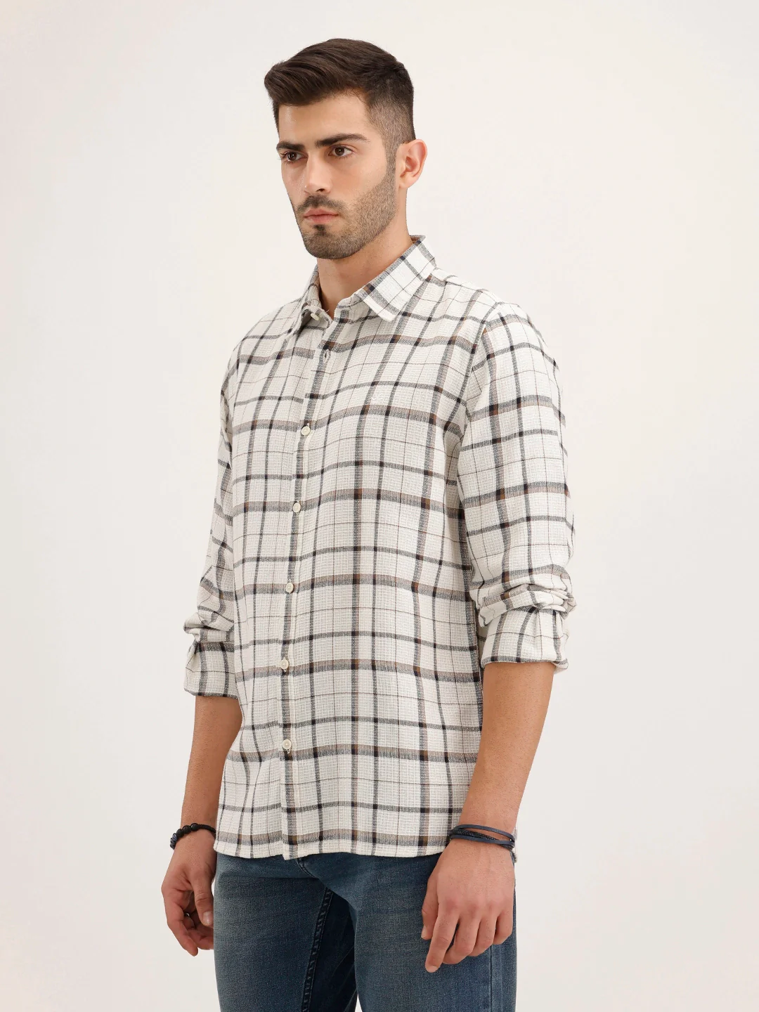 Textured Regular Fit Chackered Shirt | Off White - Image 4