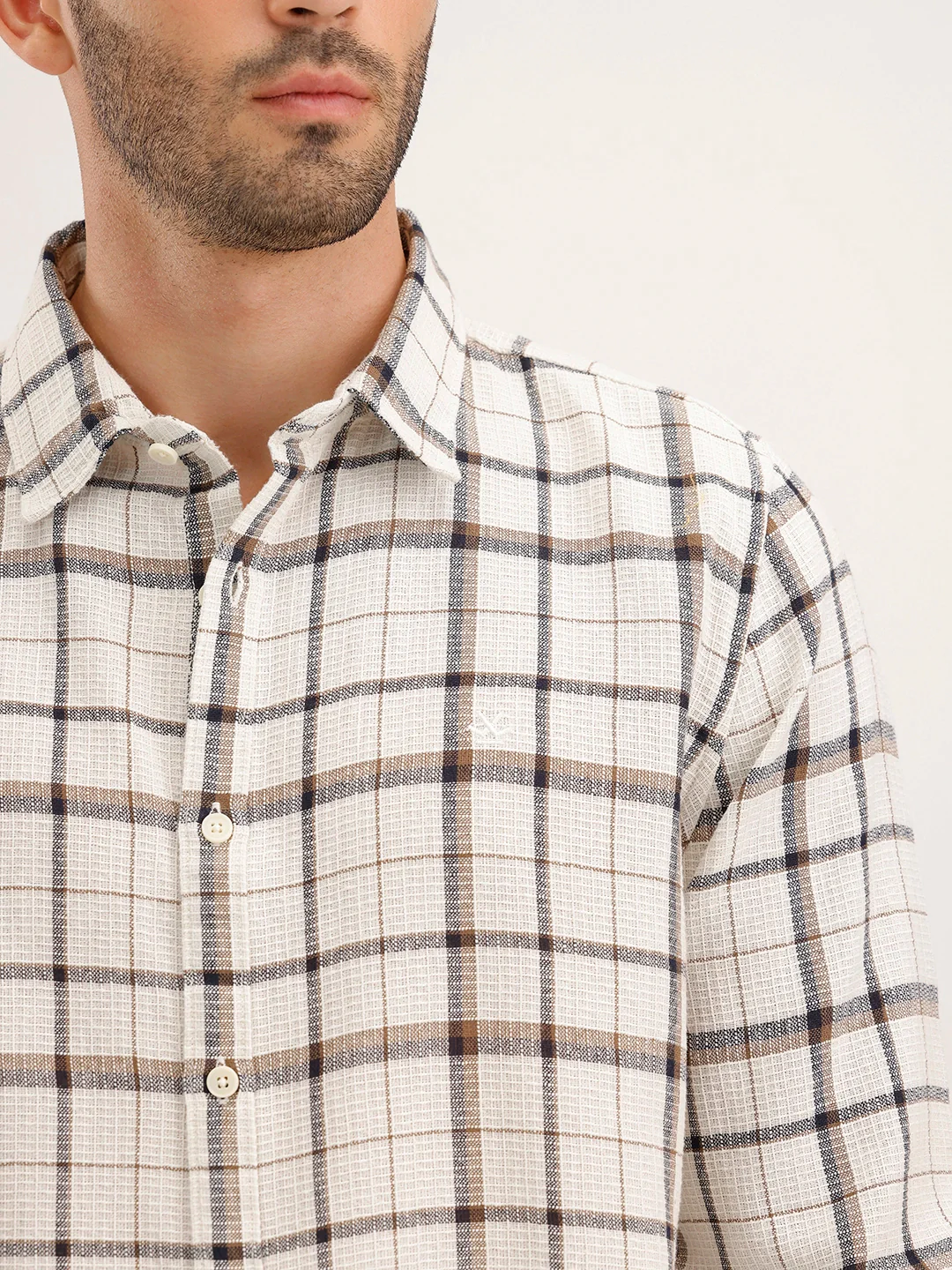 Textured Regular Fit Chackered Shirt | Off White - Image 5