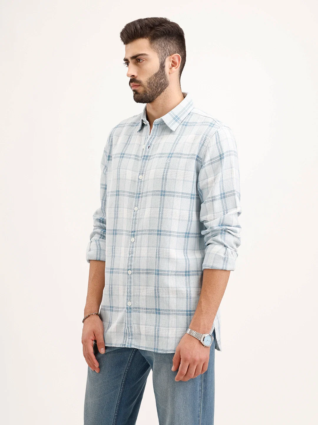 Textured Regular Fit Checkered Shirt | Blue - Image 4