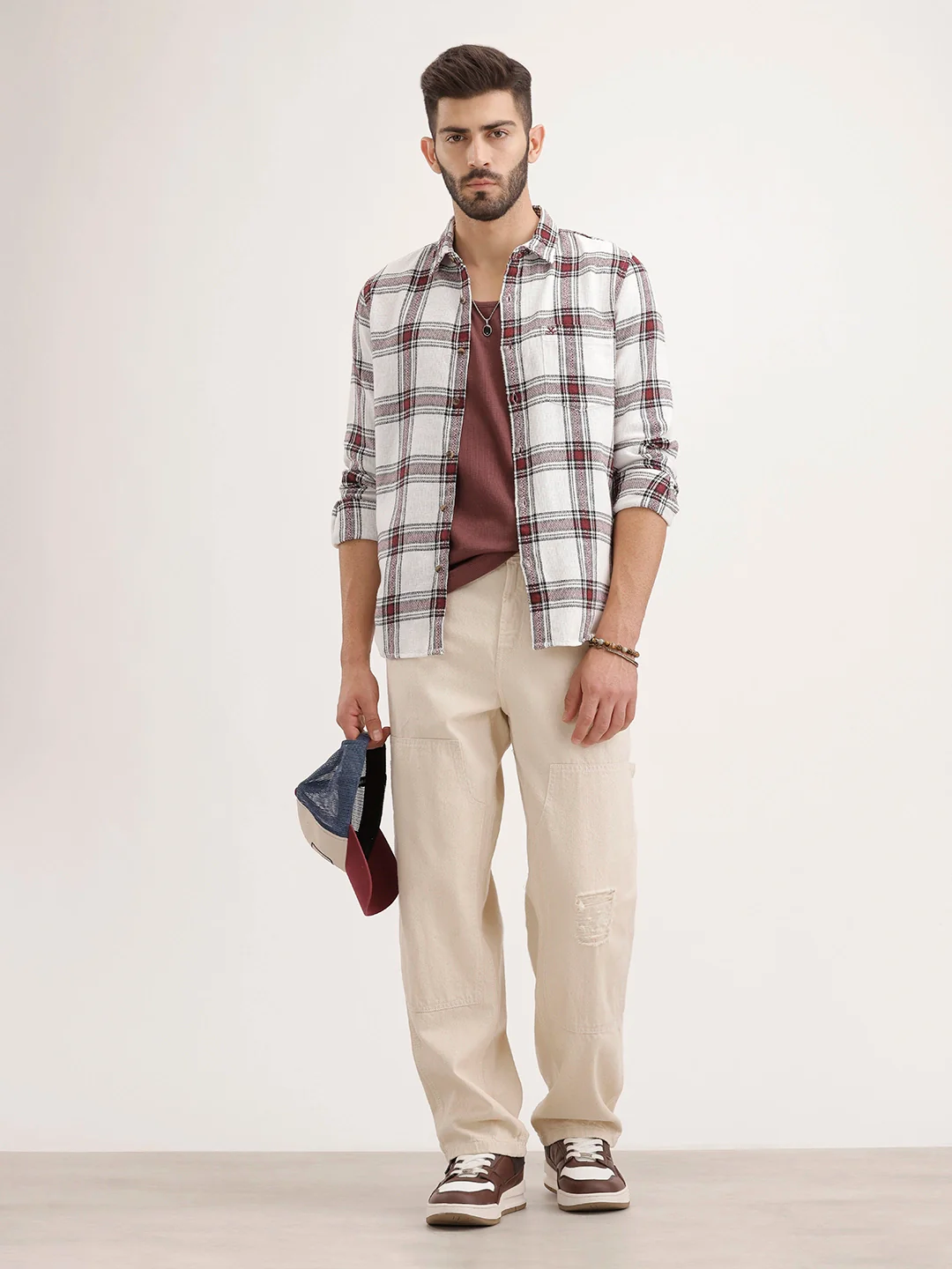 Textured Regular Fit Checkered Shirt | Maroon - Image 2