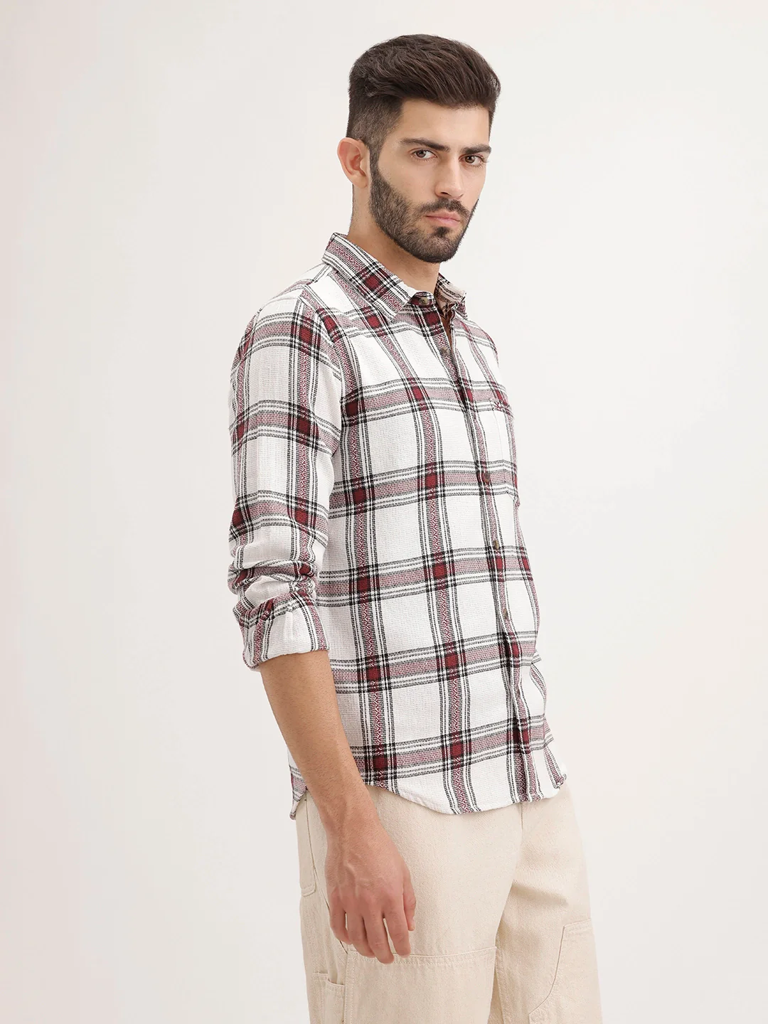 Textured Regular Fit Checkered Shirt | Maroon - Image 4