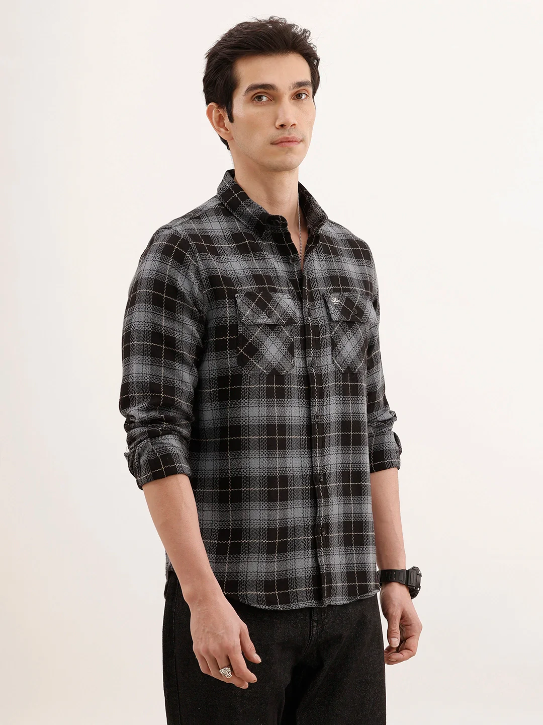 Textured Regular Fit Double Pocket Shirt | Black - Image 4