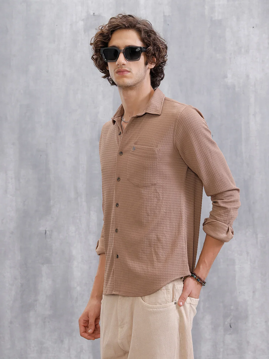 Textured Regular Fit Shirt  | Khaki - Image 4