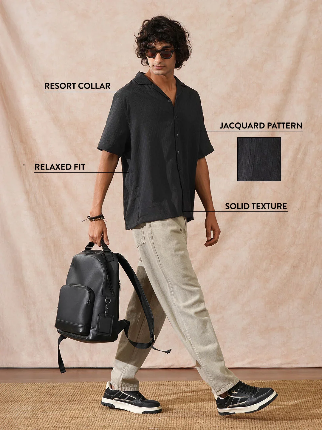Textured Resort Collar Shirt | Black - Image 3