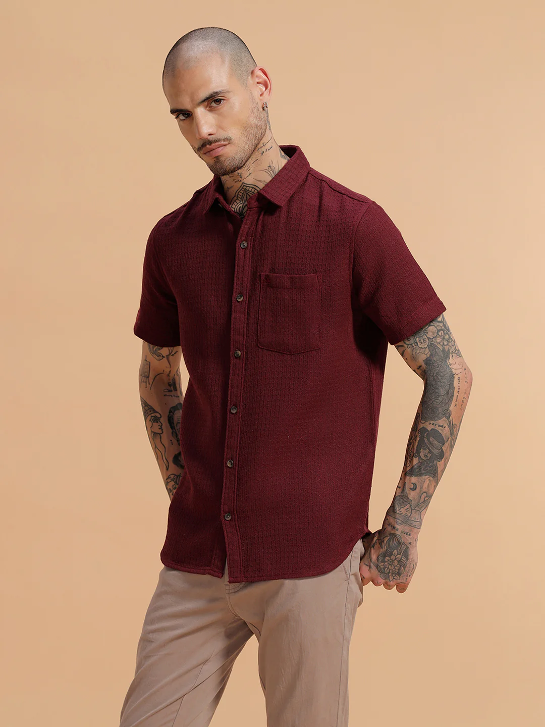 Textured Short Sleeve Shirt | Maroon - Image 4