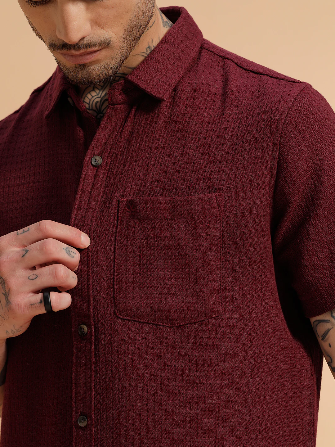 Textured Short Sleeve Shirt | Maroon - Image 5