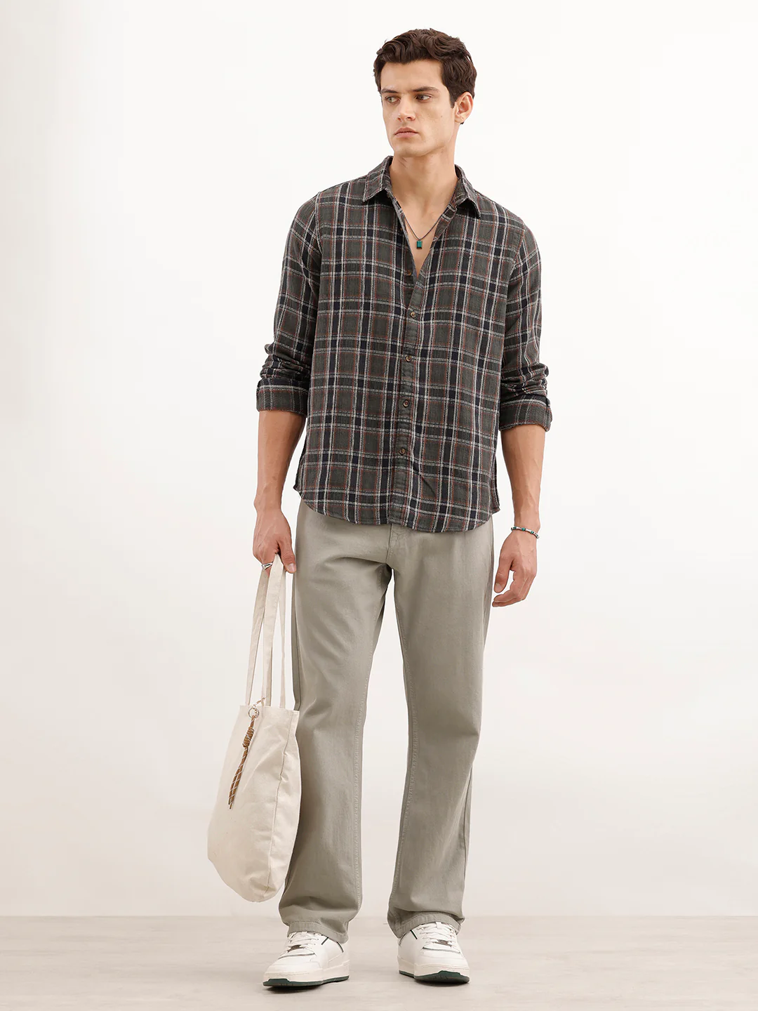 Textured Slim Fit Checekerd Shirt  | Olive - Image 2