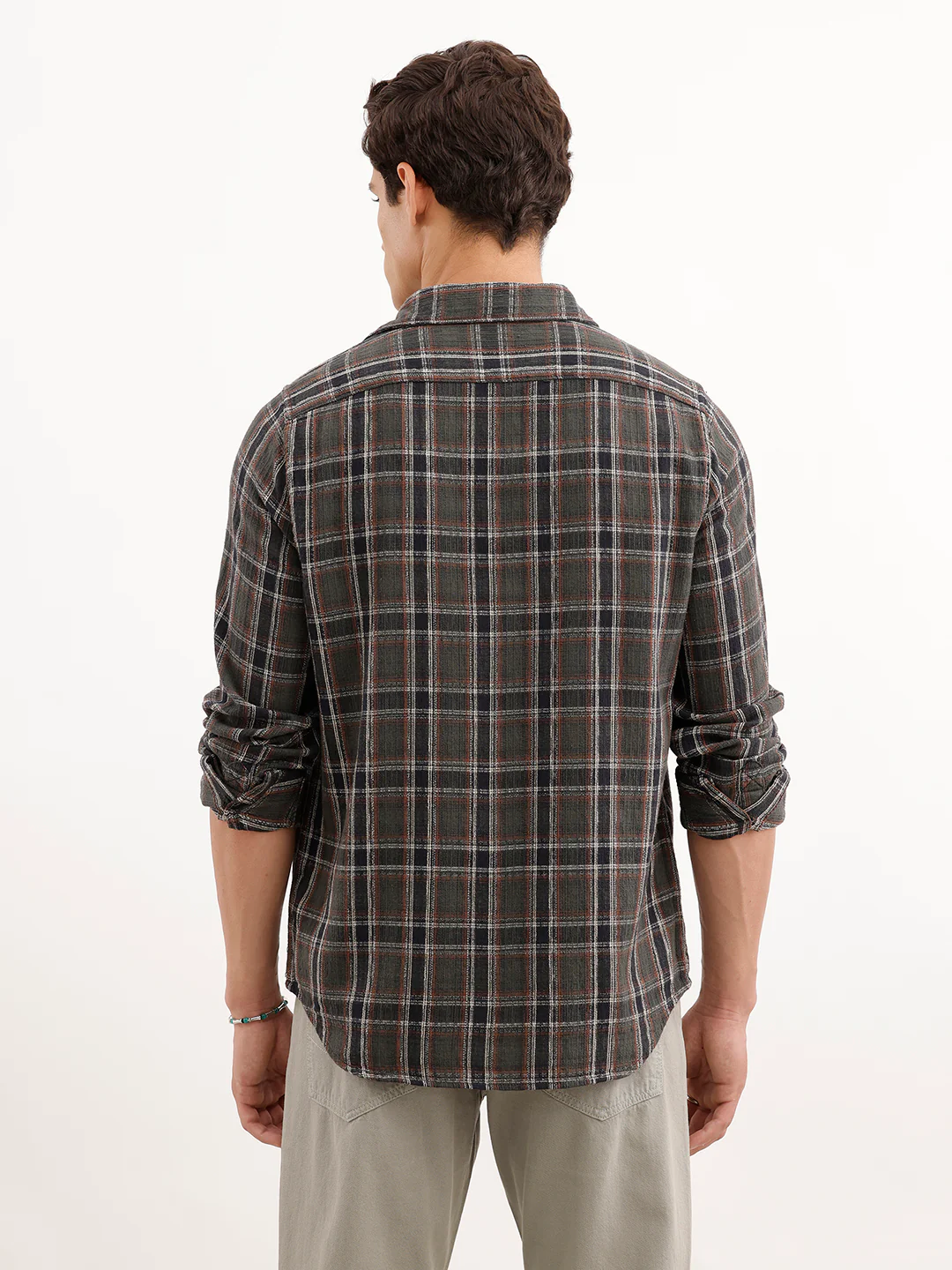 Textured Slim Fit Checekerd Shirt  | Olive - Image 3