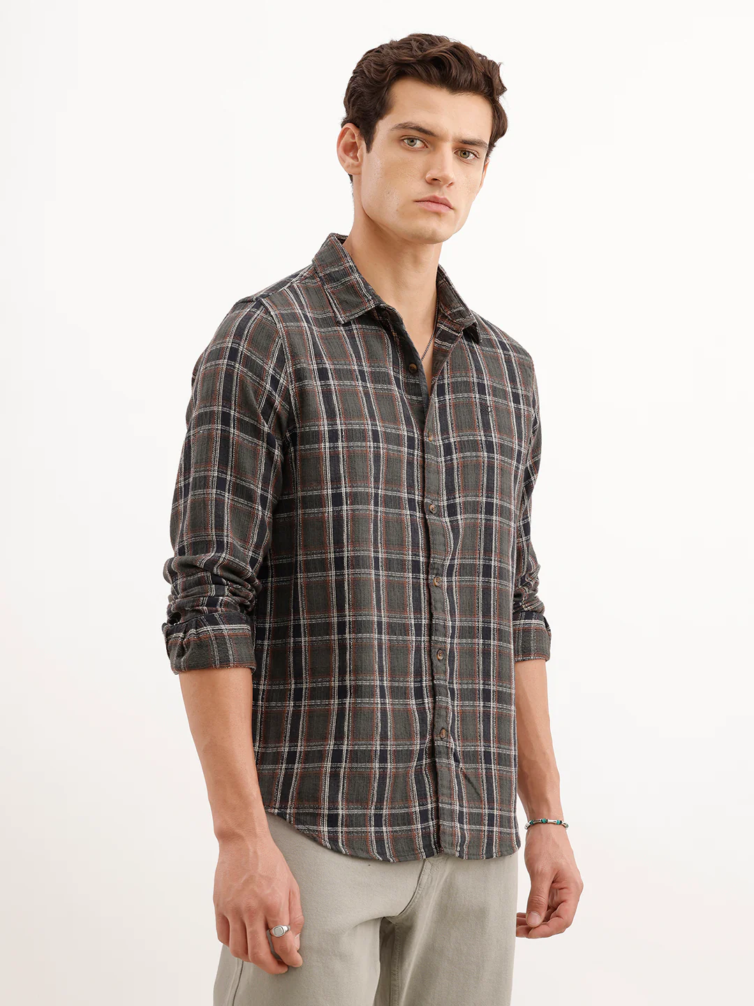Textured Slim Fit Checekerd Shirt  | Olive - Image 4