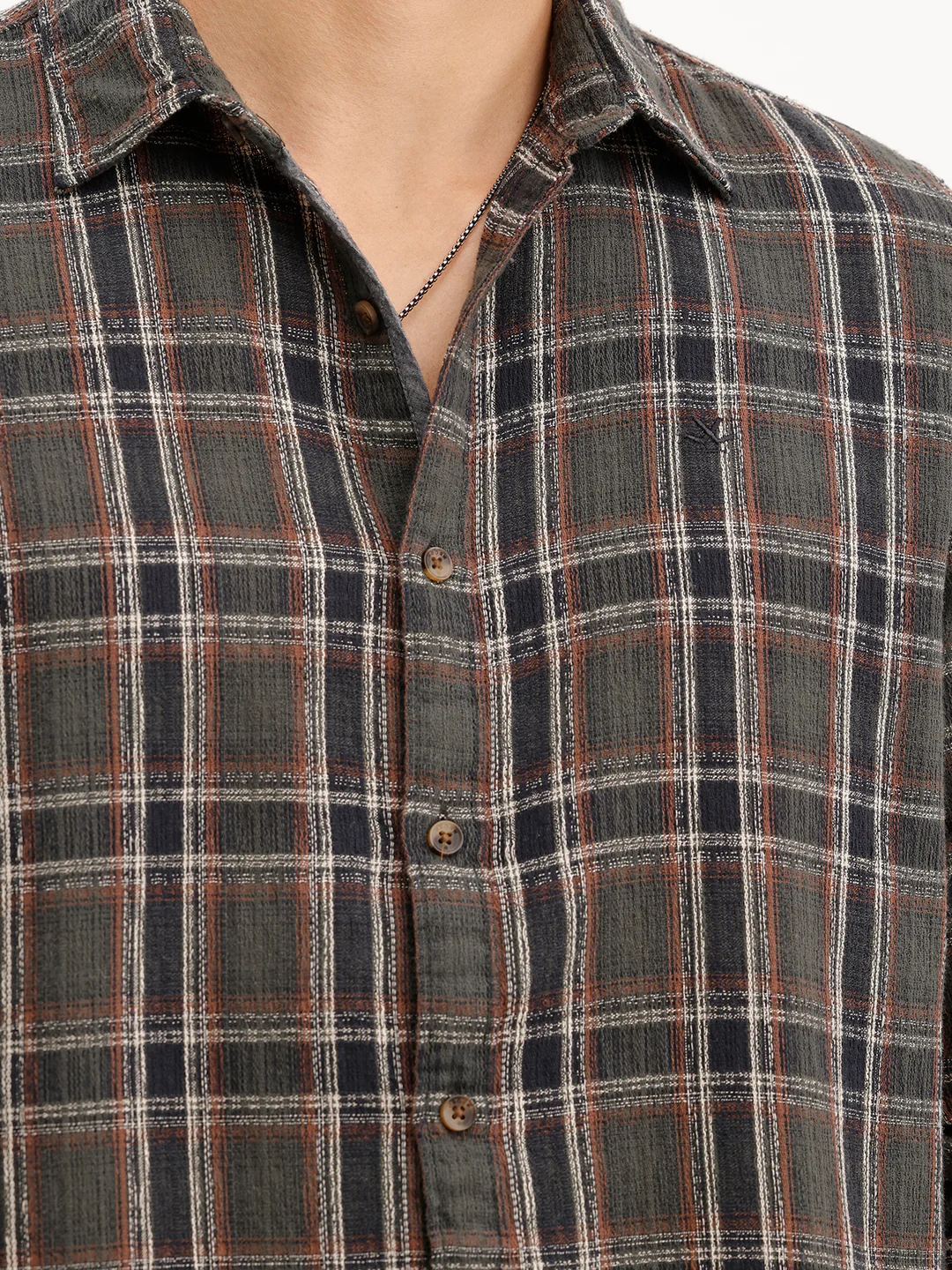 Textured Slim Fit Checekerd Shirt  | Olive - Image 5